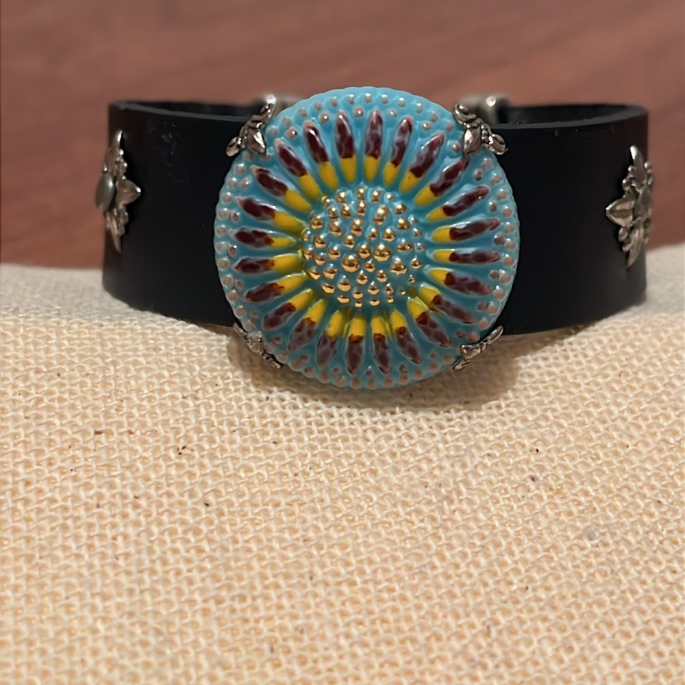 Leather Flower Bracelet With Sterling Silver Accents
